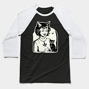 Vintage Halloween Girl and Black Cat Baseball T-Shirt